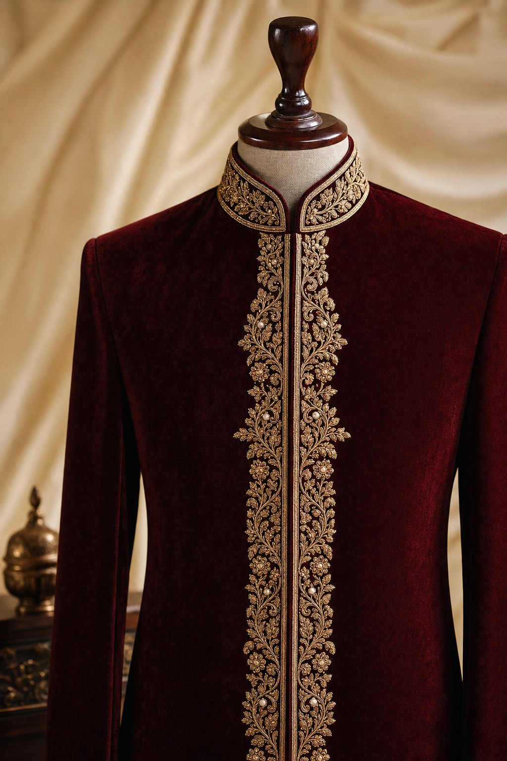 Model wearing a bespoke oxblood and gold sherwani